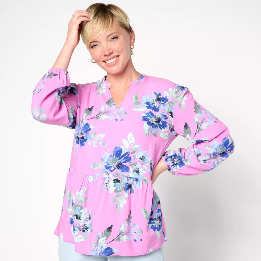 QVC blouse with smocked sleeves NWOT